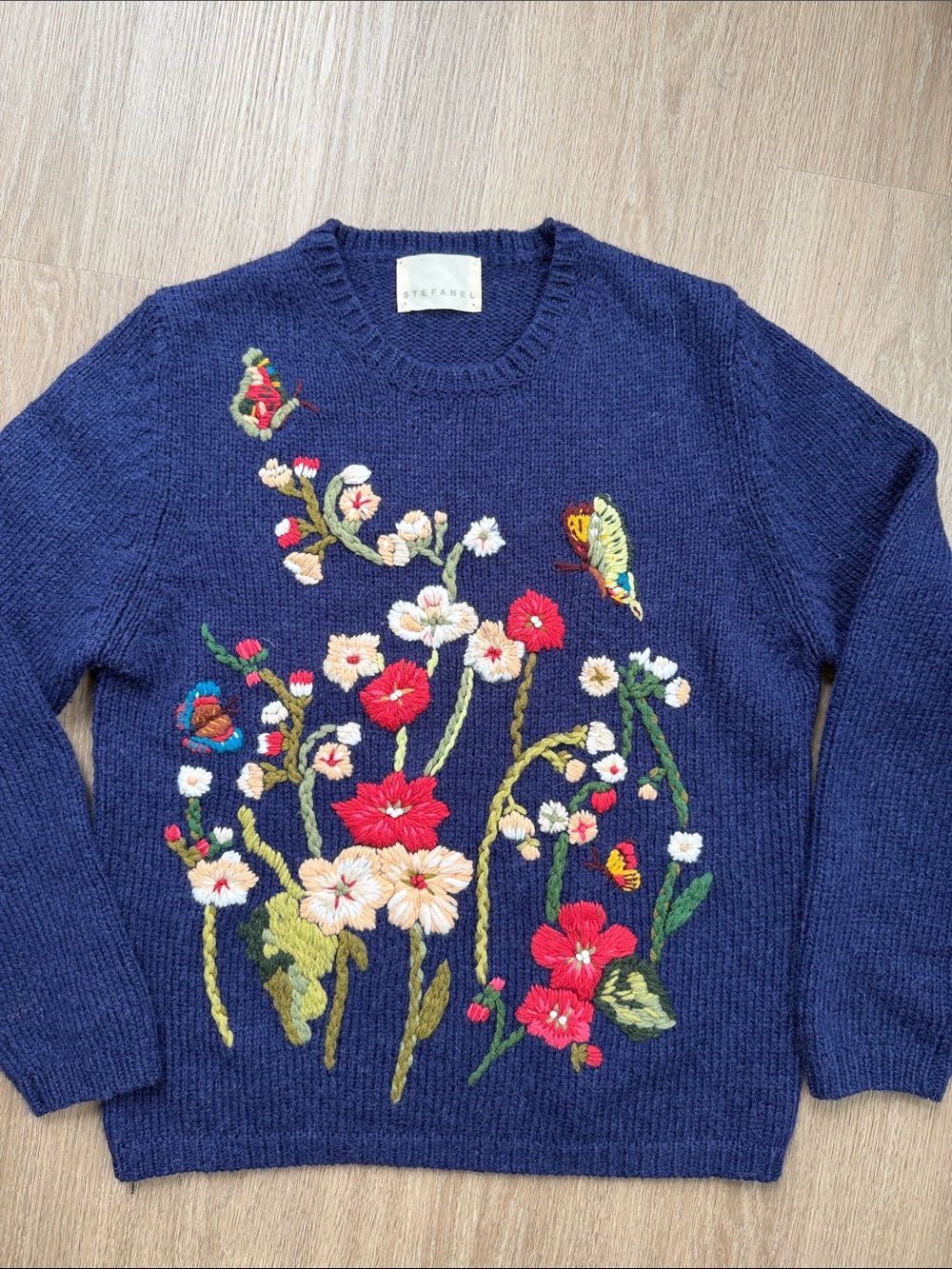 Stefanel Wool Alpaca Embroidered Floral Butterfly Knit Sweater Sz M